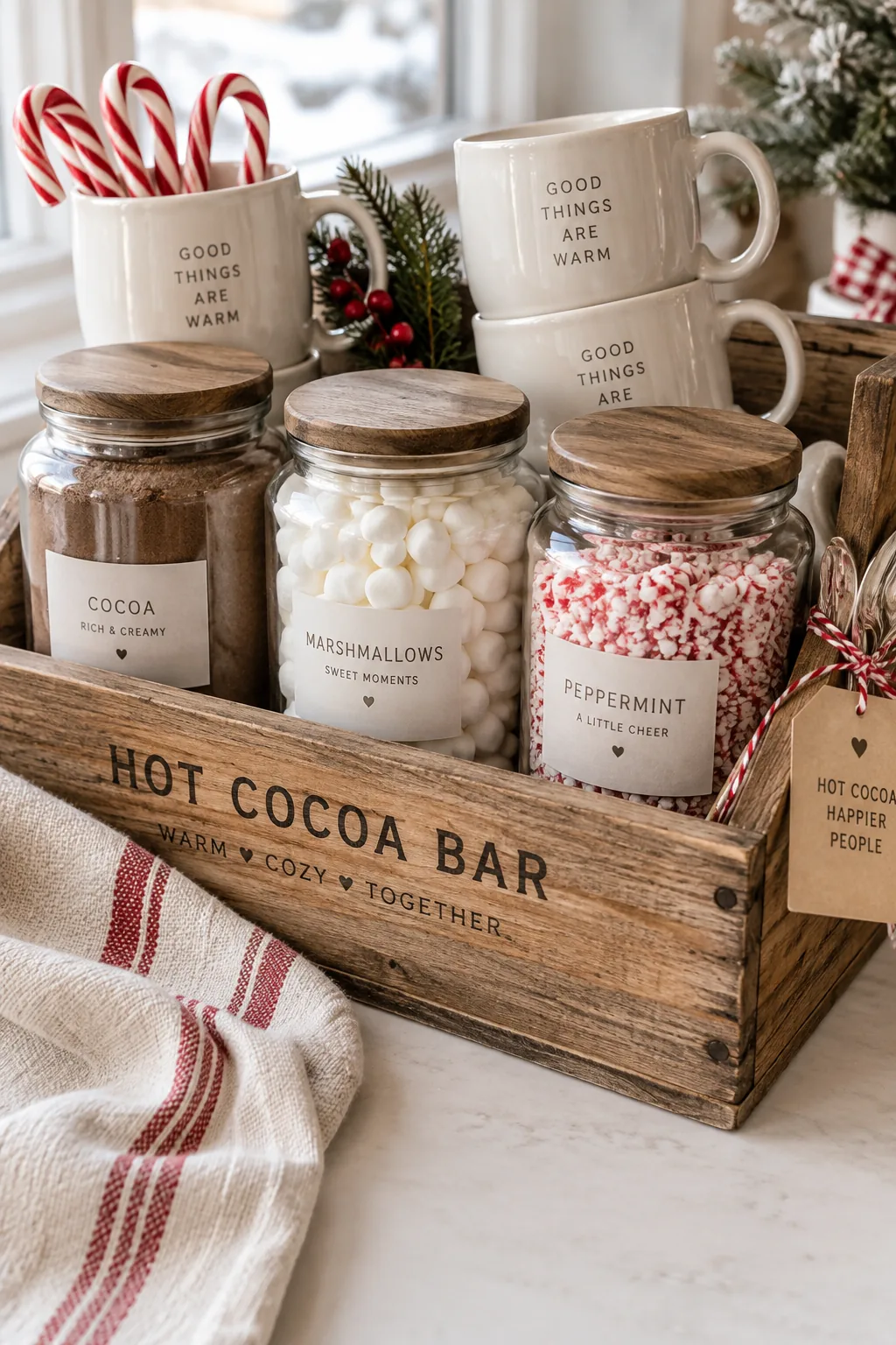 Wooden crate holding glass jars of cocoa powder, marshmallows, and ceramic mugs