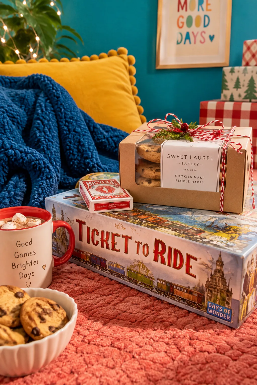 Stack of board games tied with baker's twine and a box of cookies