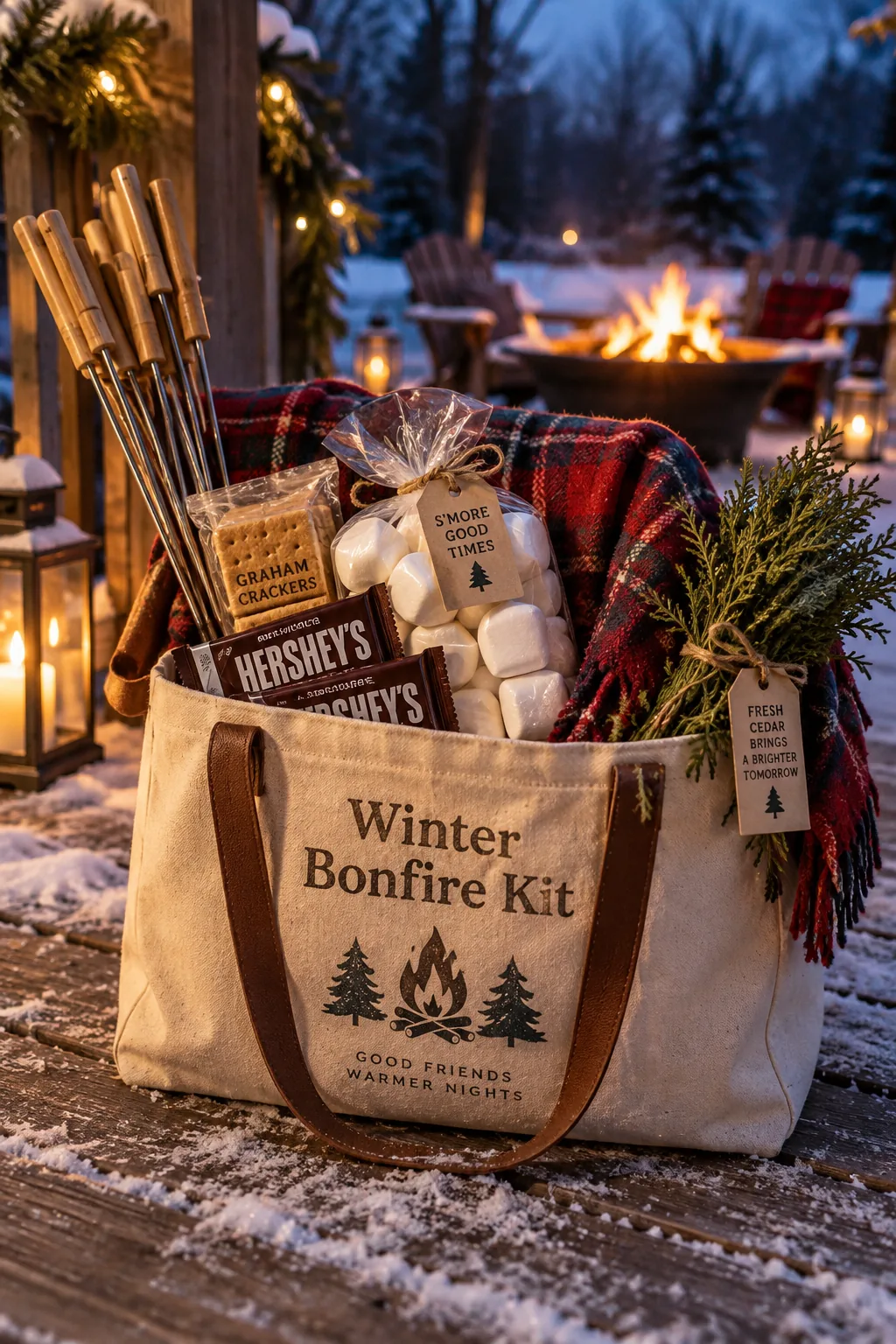 Canvas tote bag filled with roasting sticks, marshmallows, chocolate, and a wool blanket