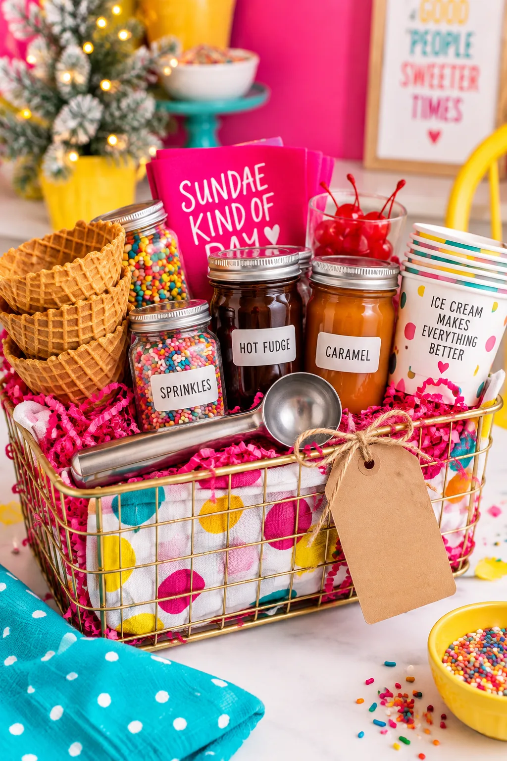 Wire basket holding waffle bowls, hot fudge, caramel, and sprinkles