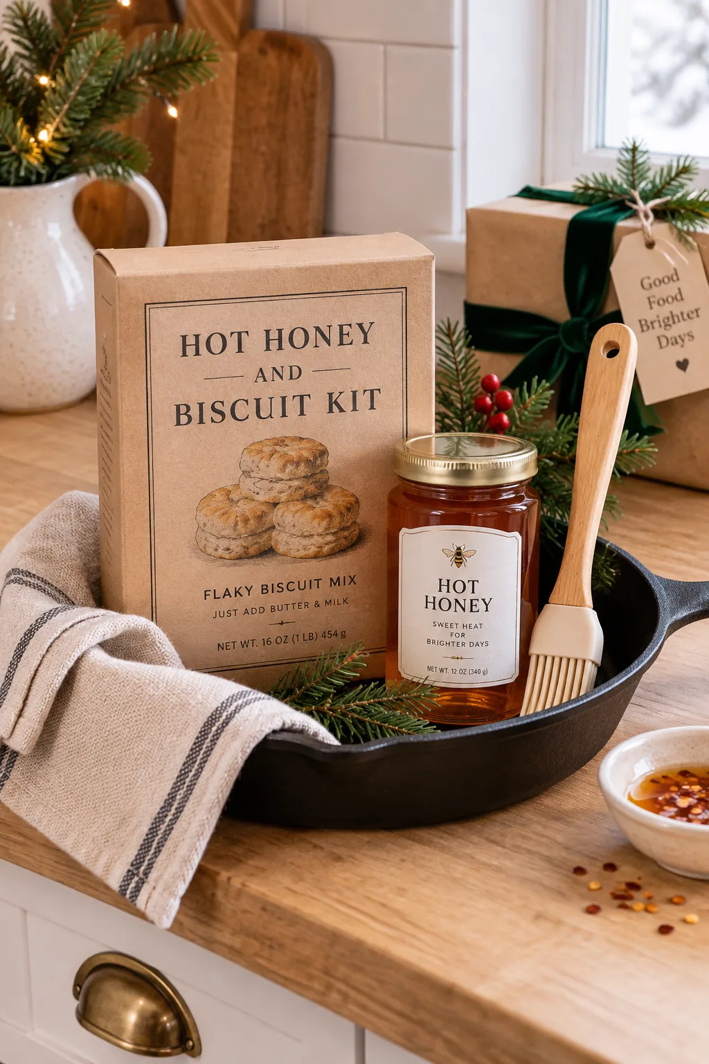 Cast iron skillet holding shortcake mix, hot honey, and a silicone brush