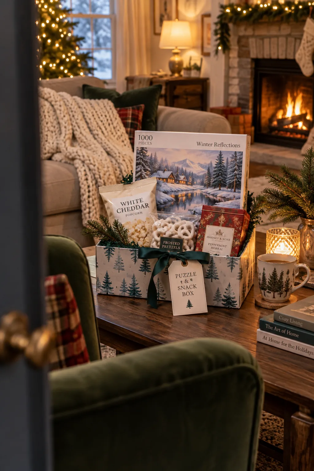 Decorative storage box filled with a winter puzzle, popcorn, and pretzels