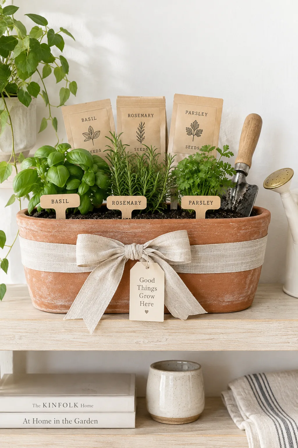Terracotta planter filled with potting soil bags, plant markers, and seed packets