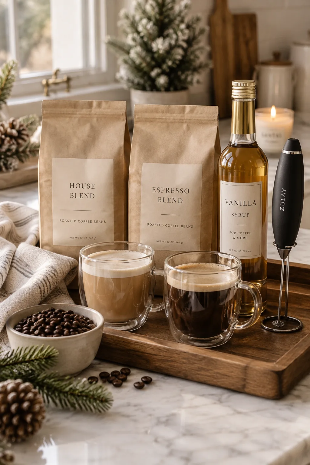 Sleek serving tray with coffee beans, glass mugs, and vanilla syrup