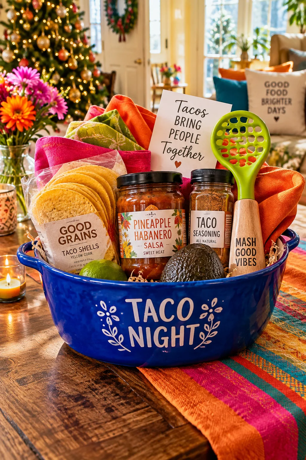 Bright ceramic serving dish holding taco shells, salsa, spices, and an avocado masher