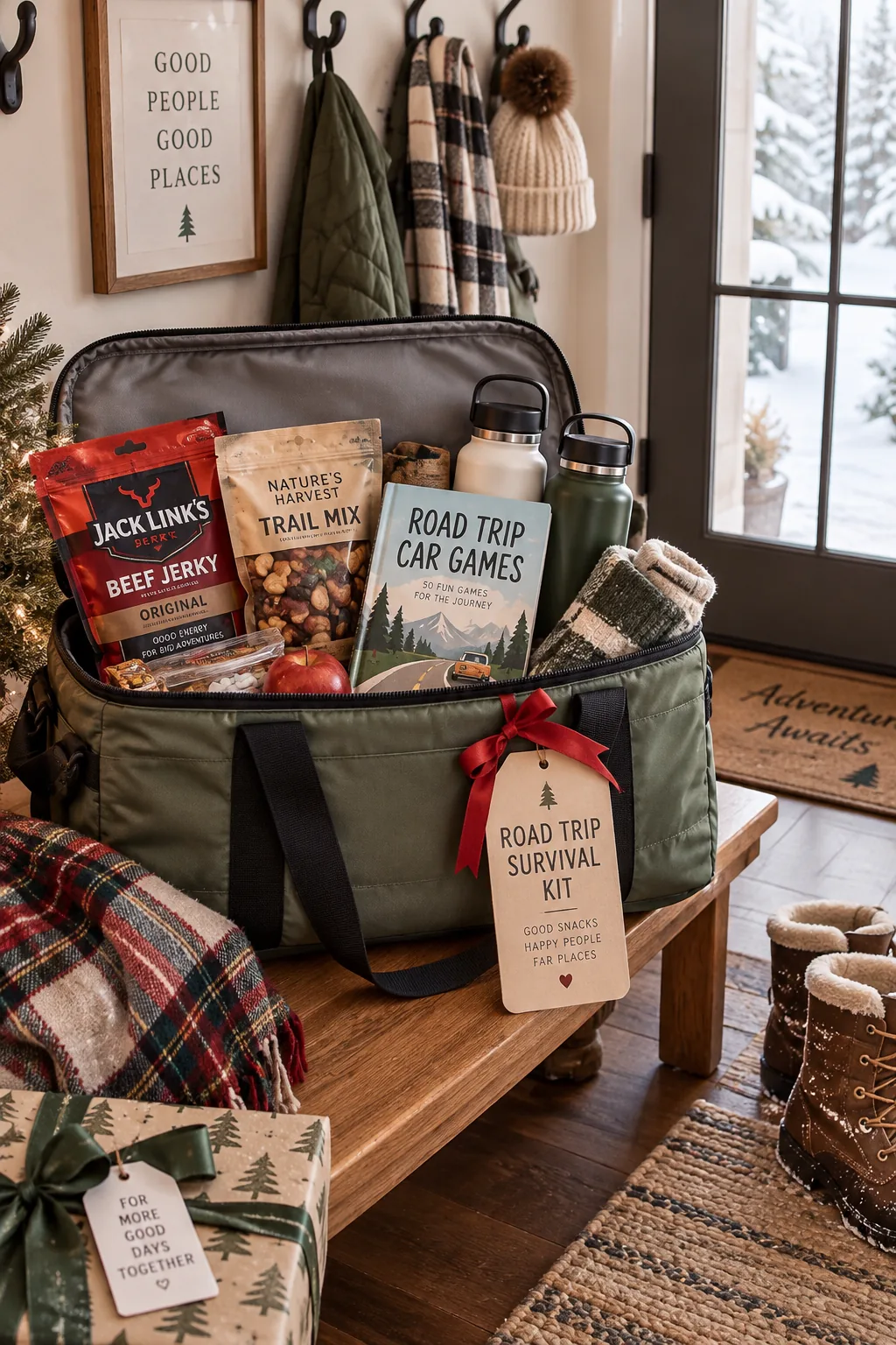 Soft-sided cooler packed with beef jerky, trail mix, water bottles, and car games
