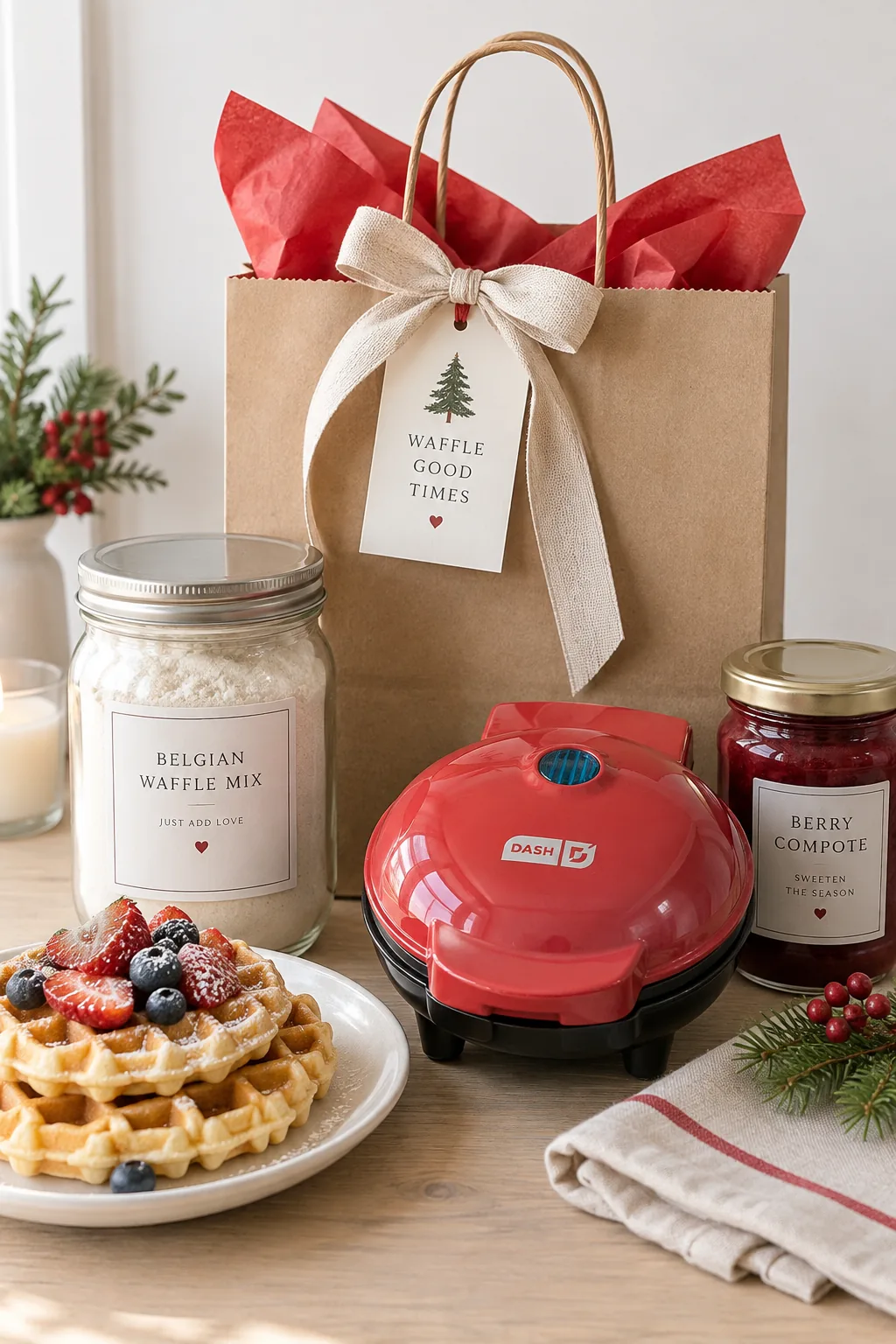 Gift bag lined with red tissue paper holding a mini waffle maker and batter mix