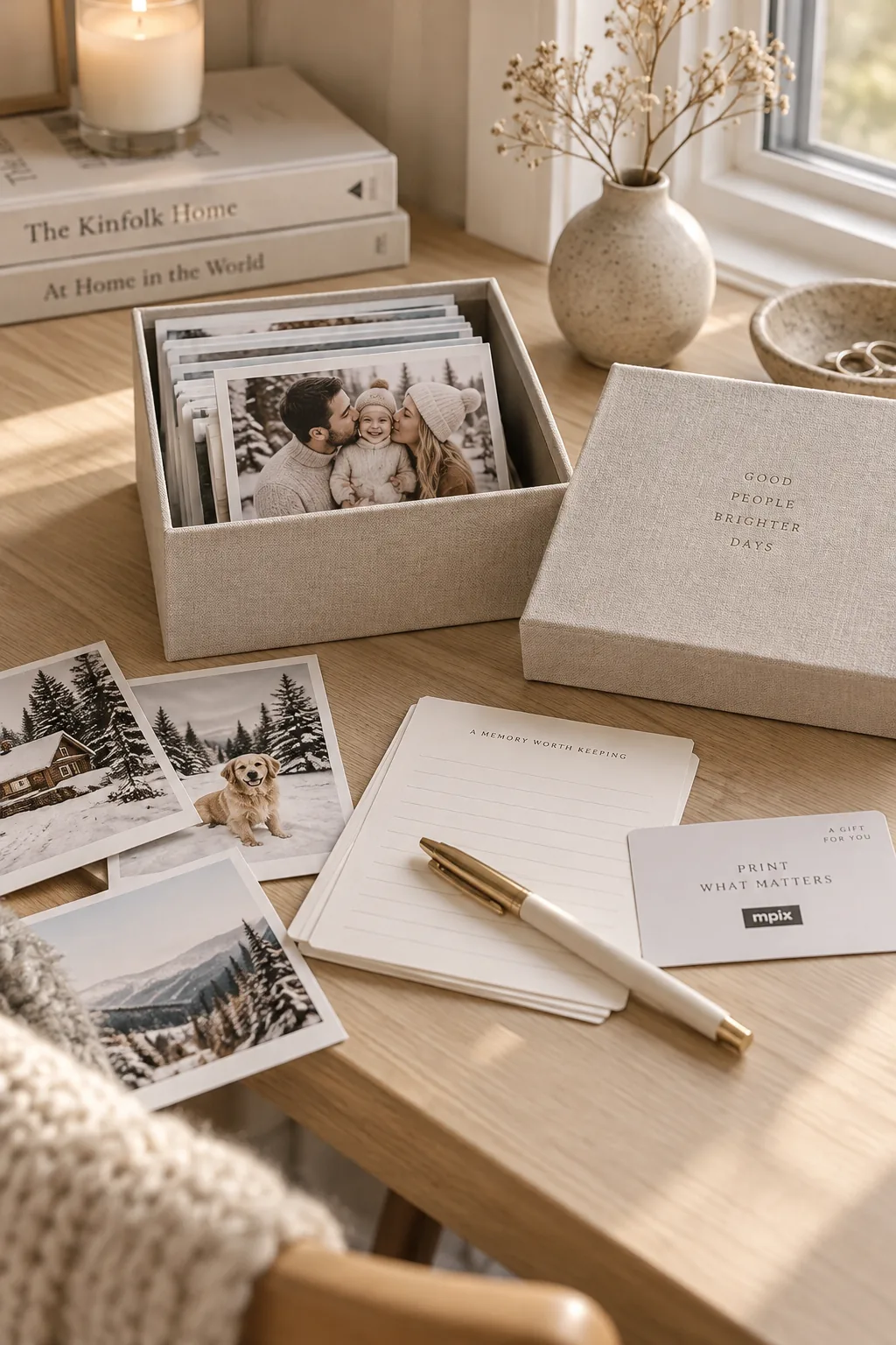 Linen-wrapped photo box containing a gift card, pen, and blank journaling cards