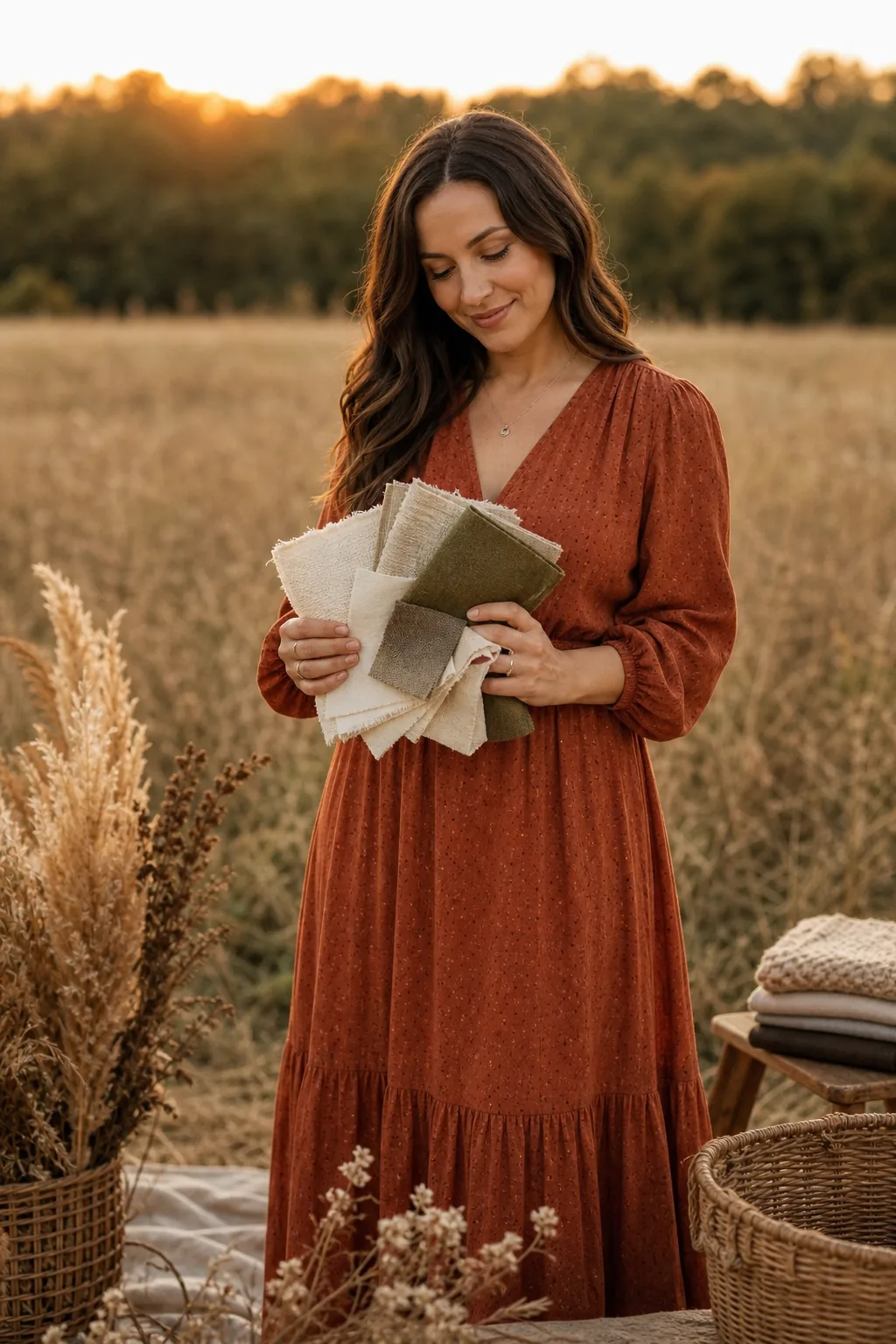 Woman in a rust-colored dress holding cream and olive fabric swatches in a sunlit field.