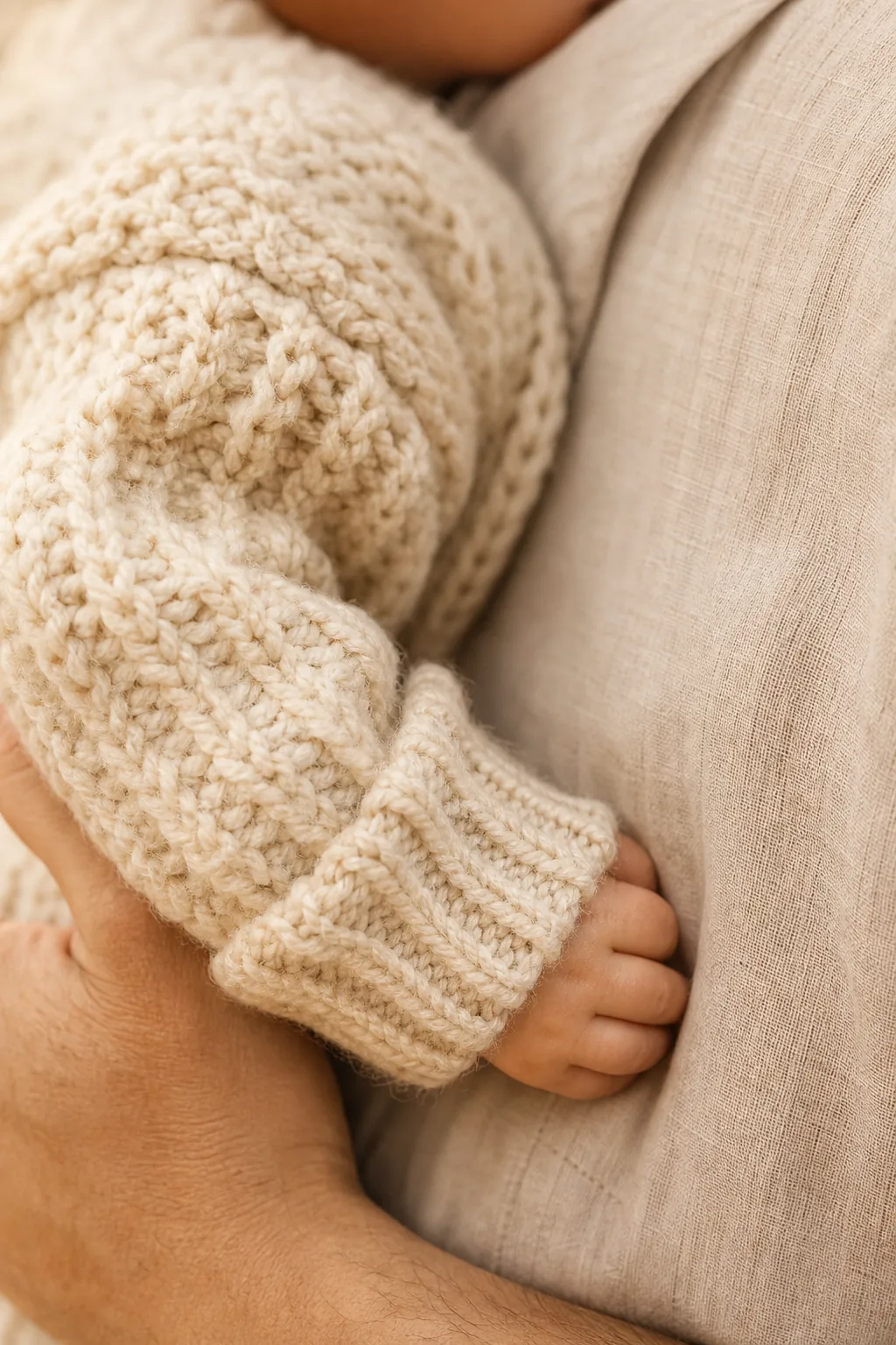 Close-up of a thick knit sweater pressed against a light linen shirt, showing contrasting textures.