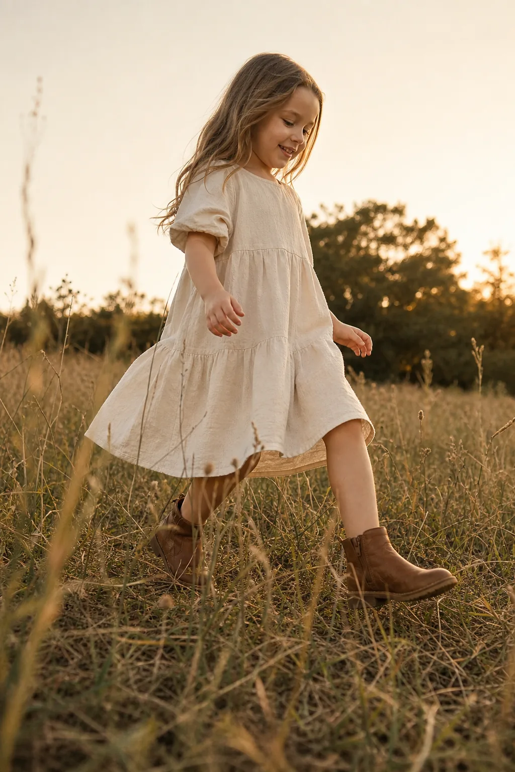 Young girl in a beige cotton dress and brown leather boots walking through tall dry grass.