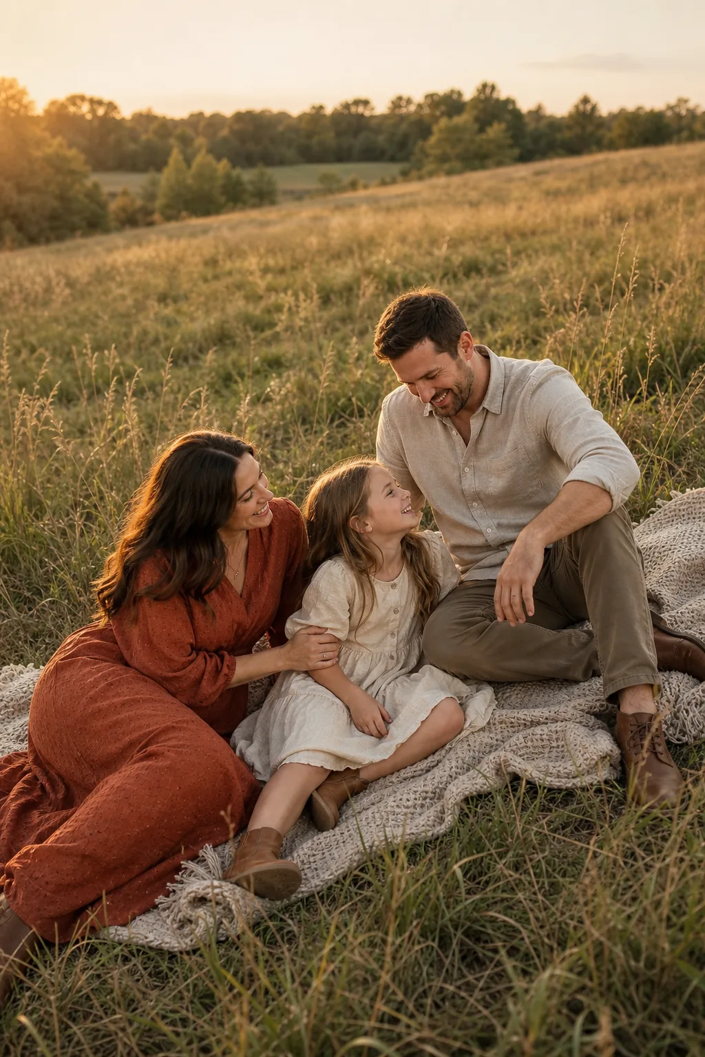 Family of three sitting unevenly on a blanket in a grassy field, forming a triangular shape with their heads.