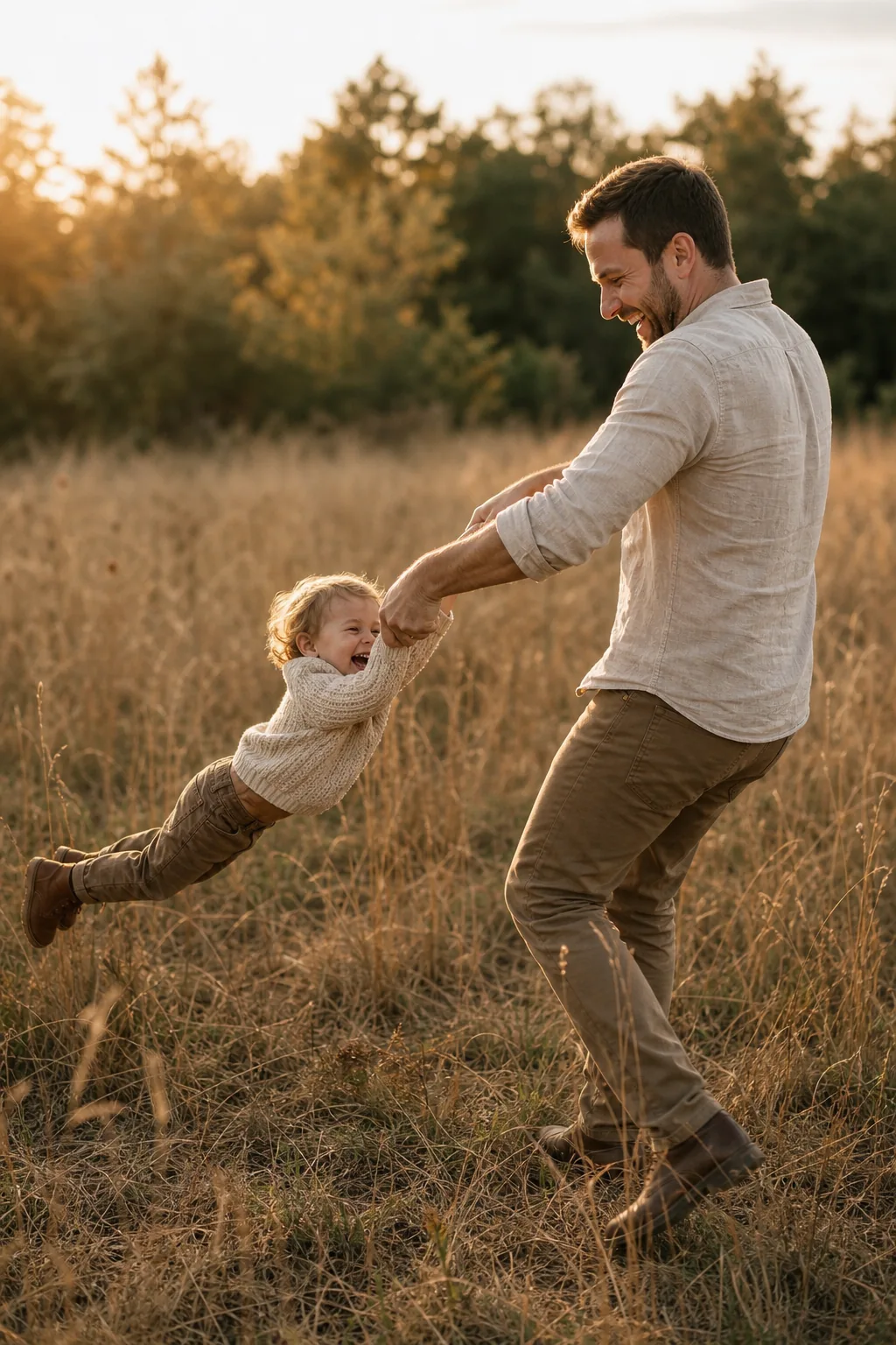 Father swinging a laughing toddler in the air in a sunlit grassy meadow.