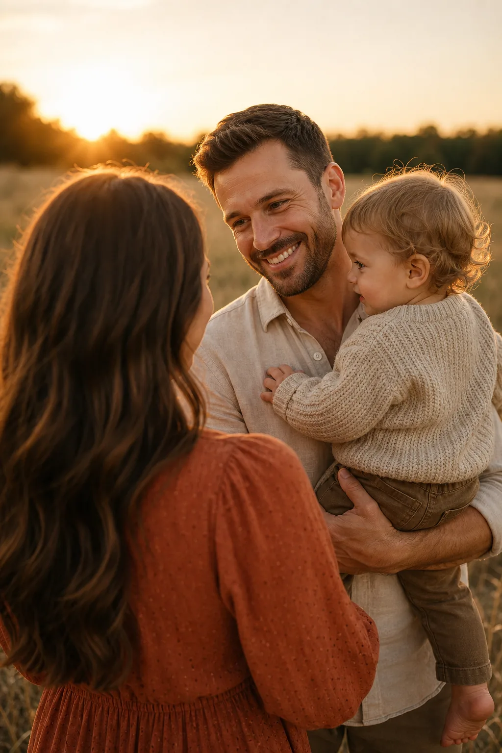 Father holding a baby and smiling warmly at the mother, seen over the mother's shoulder.