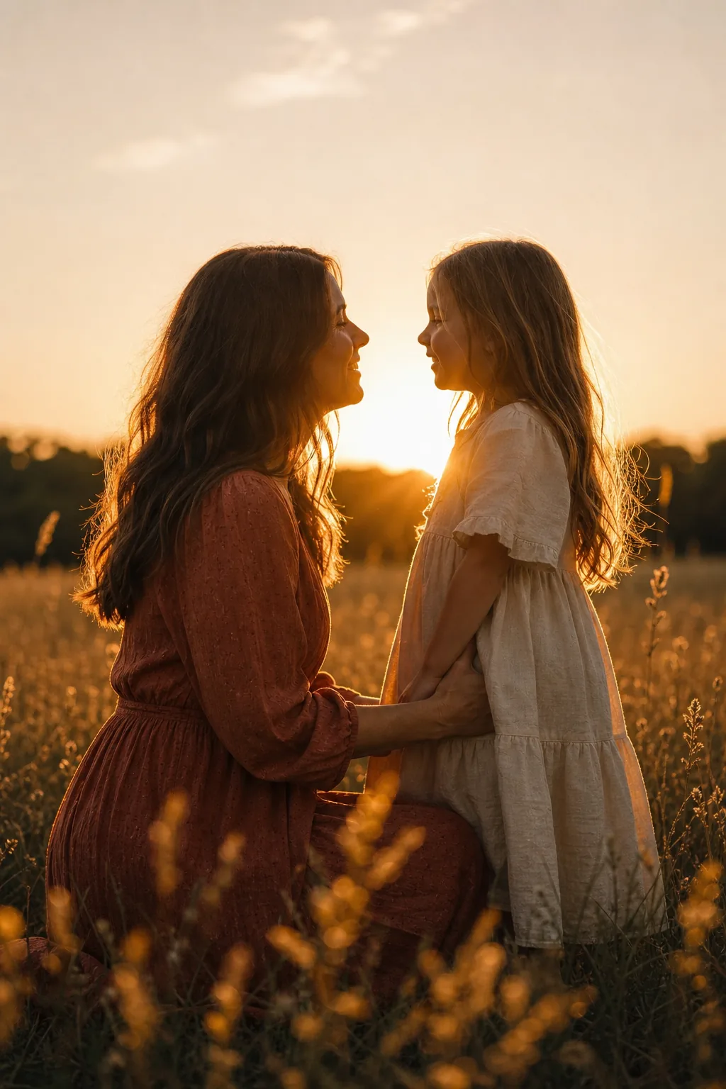 Profile of a mother and daughter facing each other, illuminated from behind by a bright setting sun.