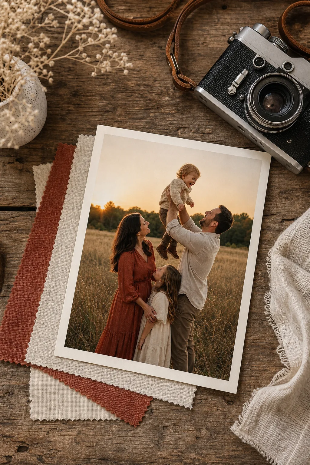 Flat lay featuring a printed checklist, rust and linen fabric swatches, and a vintage camera on a wooden table.