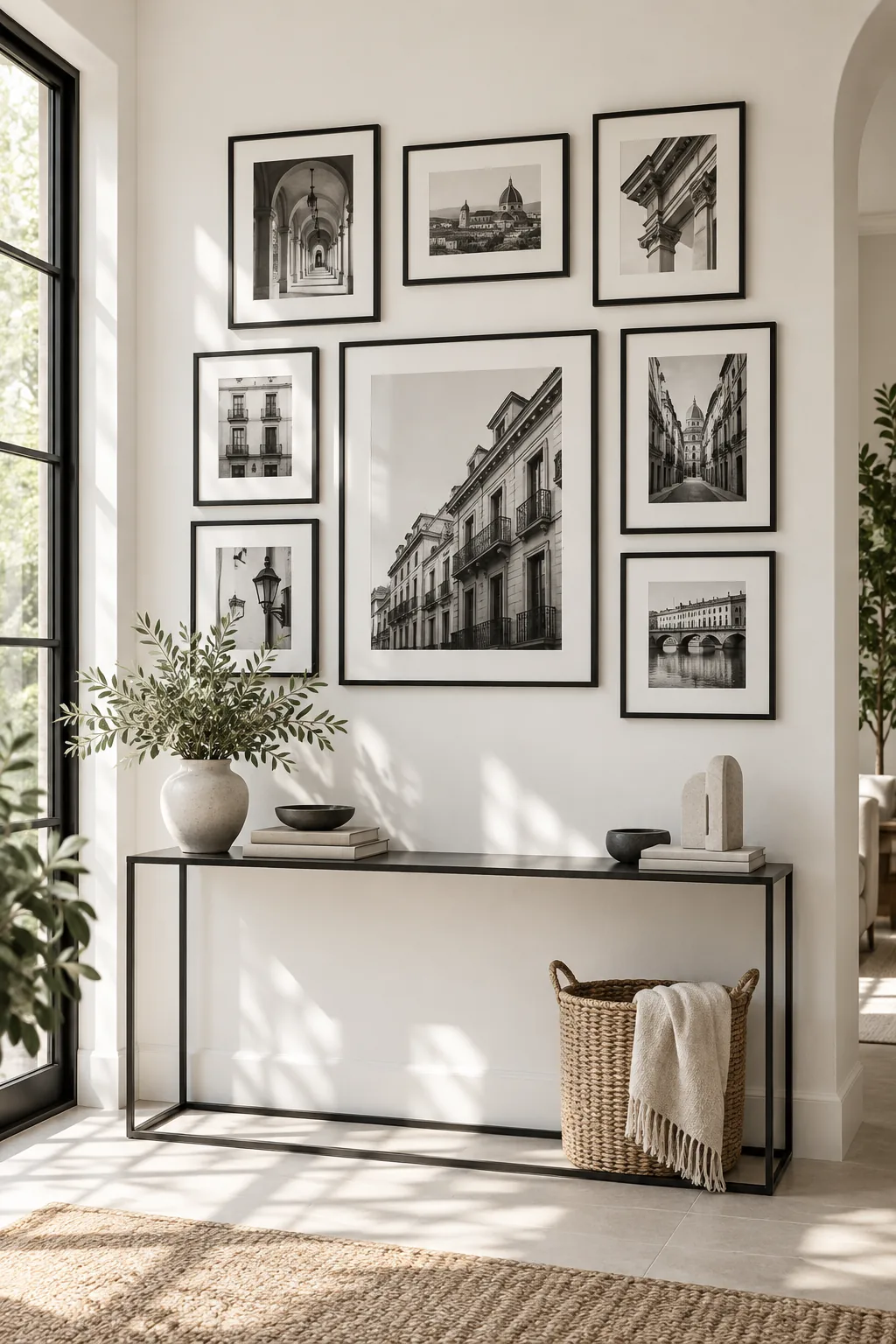 A minimalist monochrome gallery wall with black frames and black-and-white photos above a metal console.