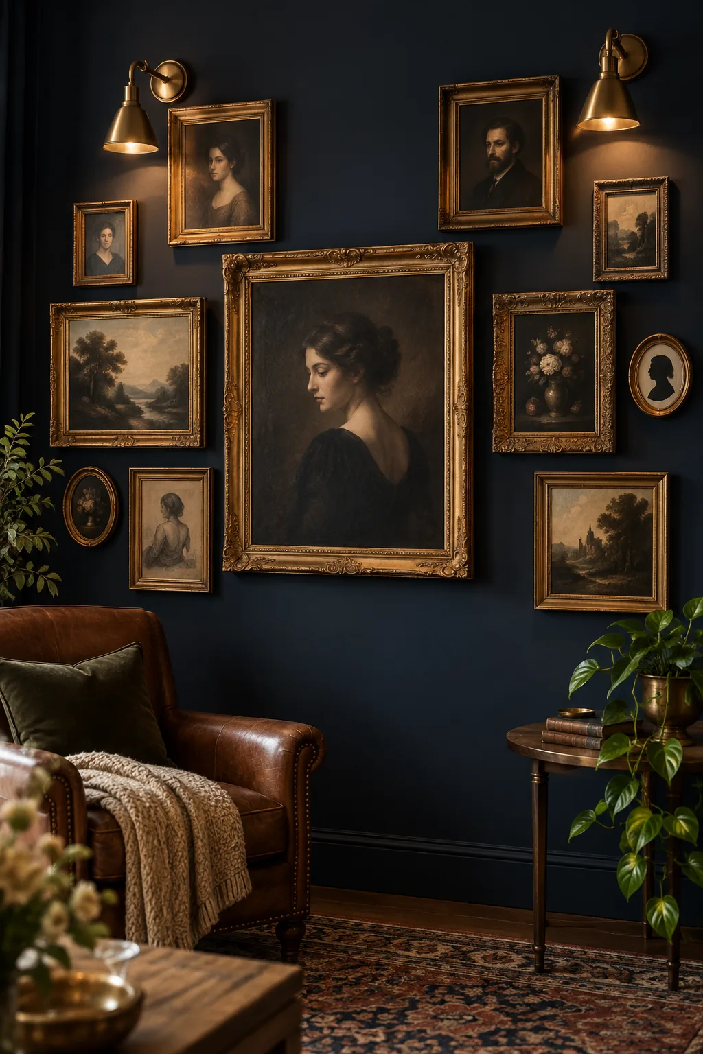 An eclectic gallery wall featuring ornate gold frames on a dark navy blue wall.