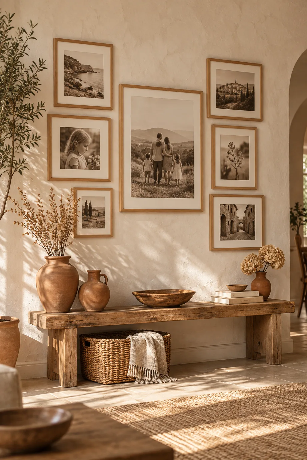 A warm organic gallery wall with oak frames and sepia photos on a textured plaster wall.