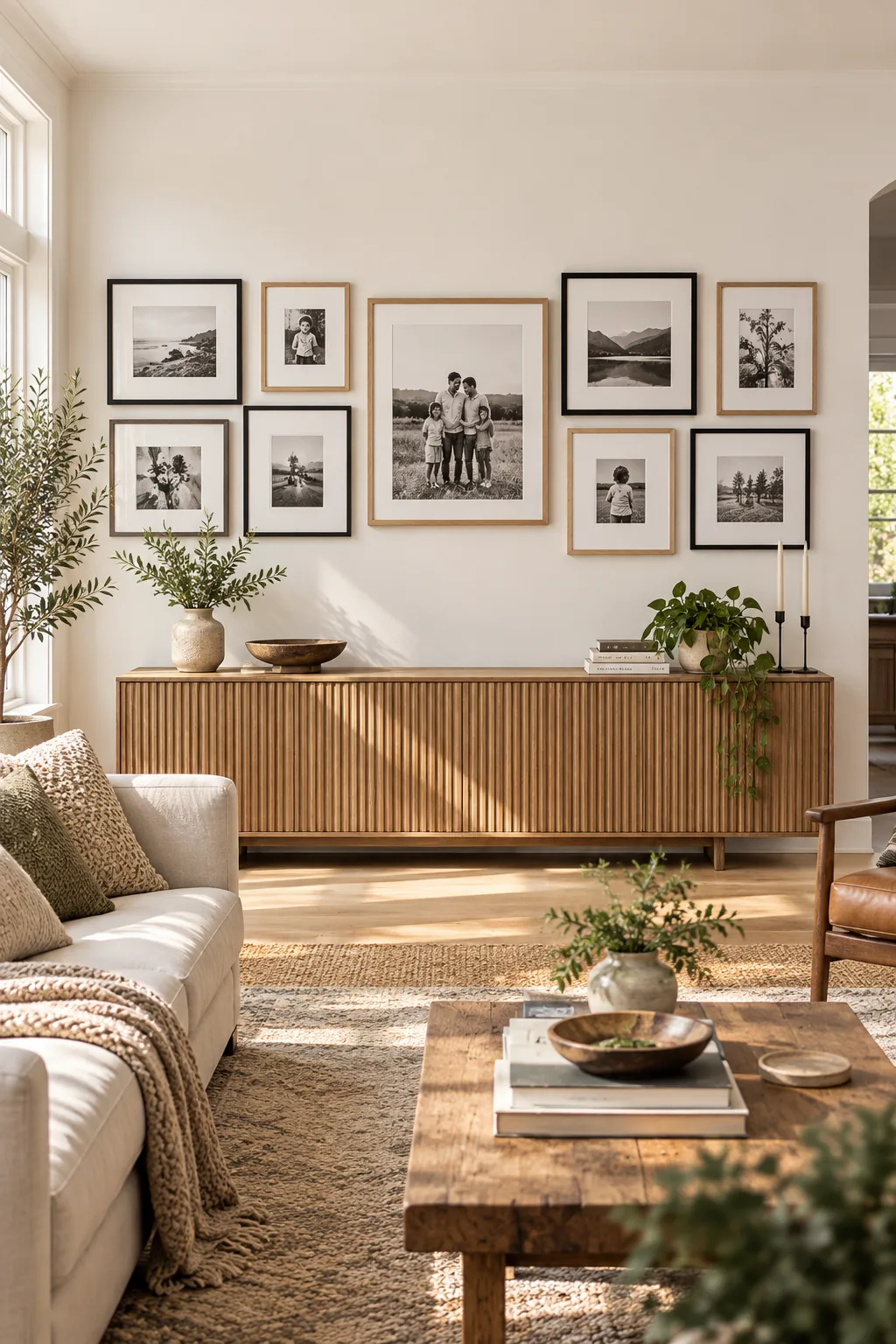A complete gallery wall of family photos perfectly centered at eye level above a wood credenza.