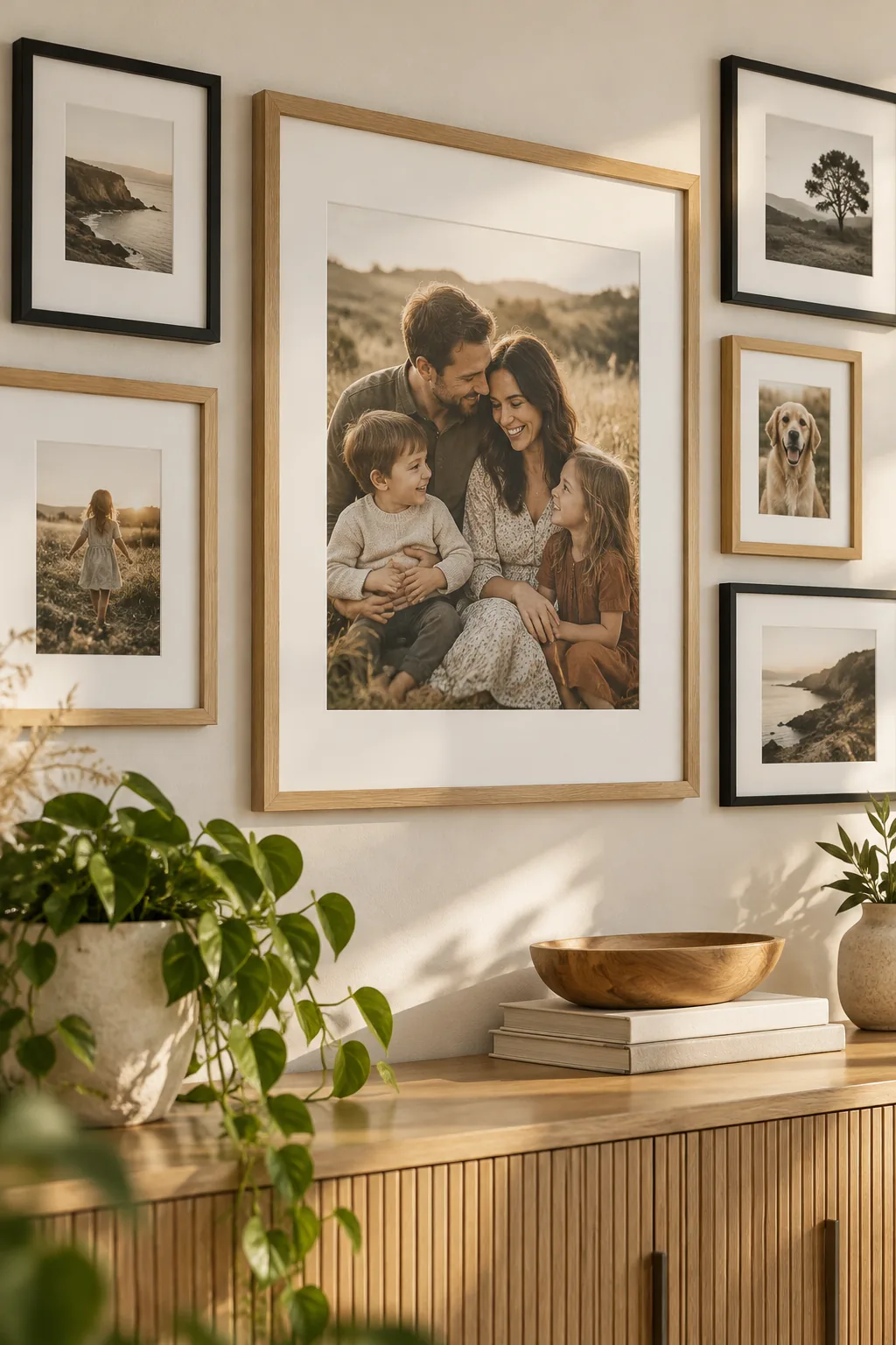 A large central oak frame surrounded by smaller black and wood frames on a white gallery wall.