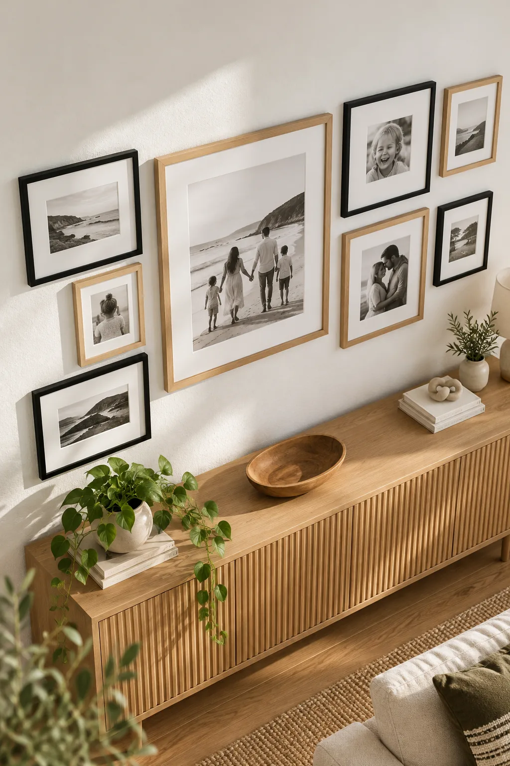 A close-up showing a precise 2-inch gap of white wall between a wood frame and a black frame.