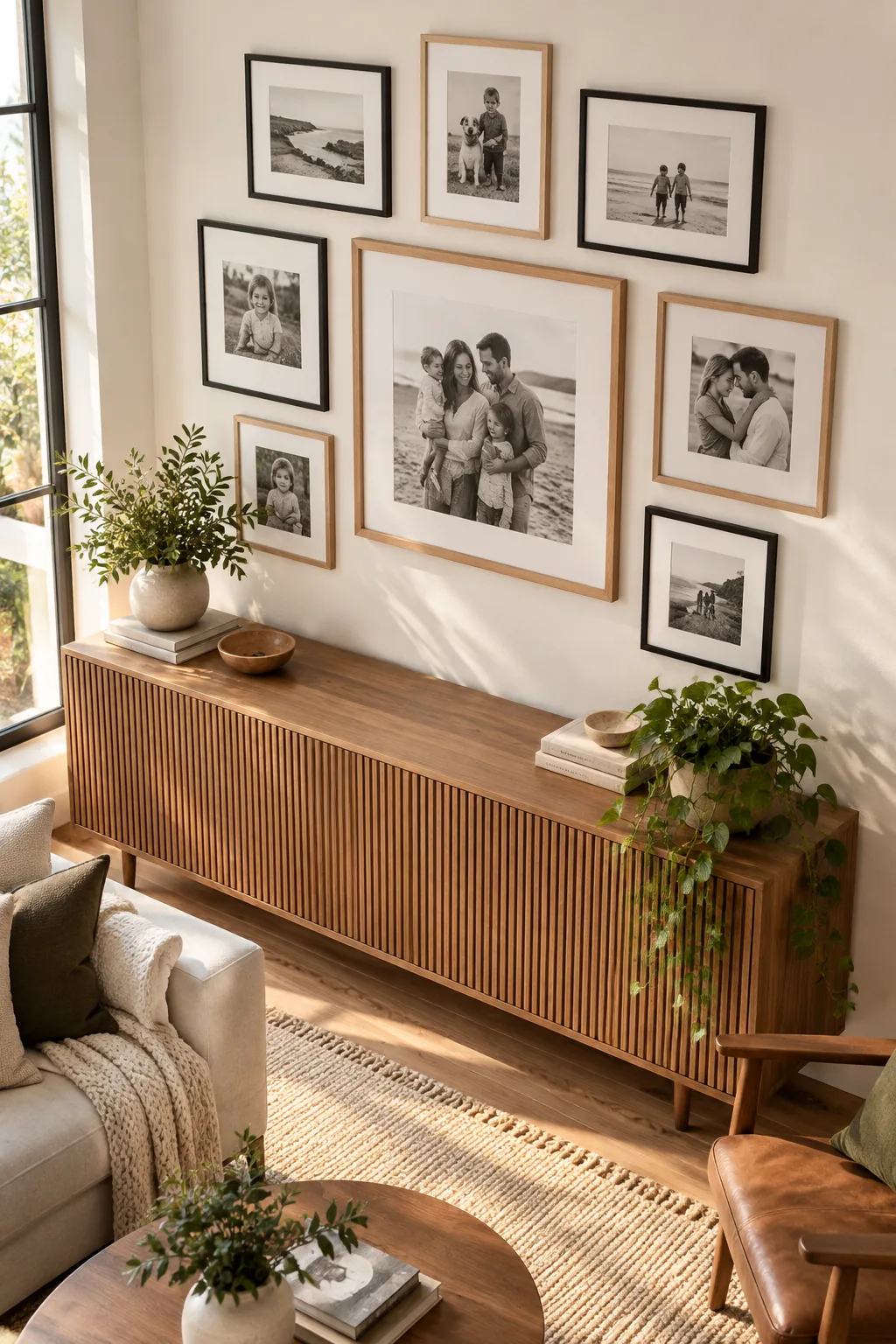 An elevated view of a perfectly aligned gallery wall arrangement above a modern credenza.