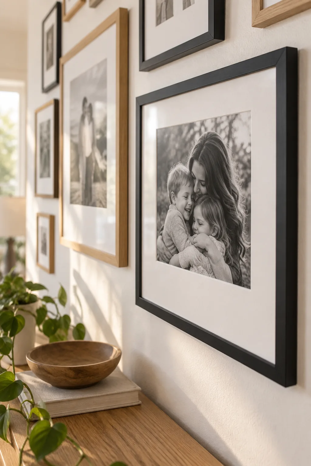 Close-up of a framed photo featuring a white mat that is thicker at the bottom.