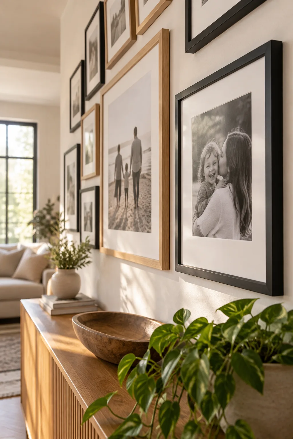 An angled view of a framed family photo showing a smooth, non-reflective matte finish.