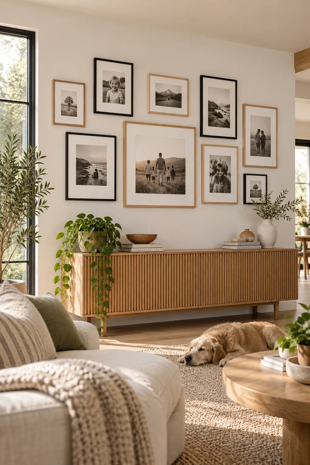A matte black frame and a natural oak frame with matching thin profiles hung next to each other.
