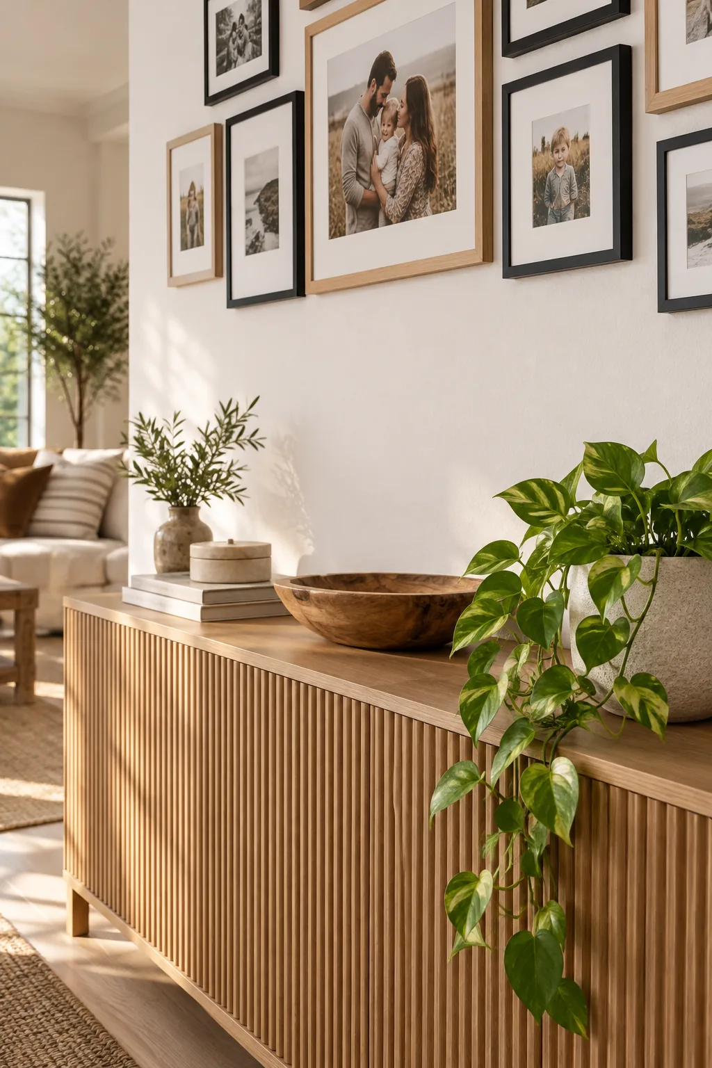 A styled wood credenza with a clear gap of empty wall space below the bottom row of picture frames.