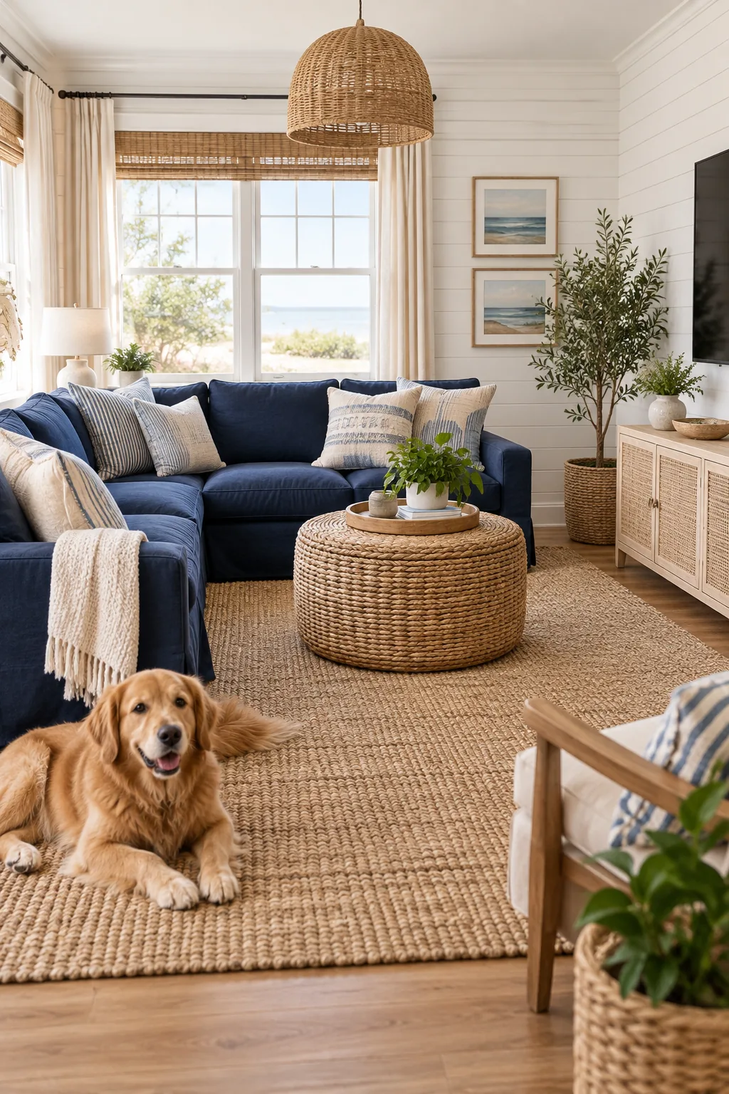 Navy blue slipcovered sofa paired with a sand-colored jute rug and woven ottoman.