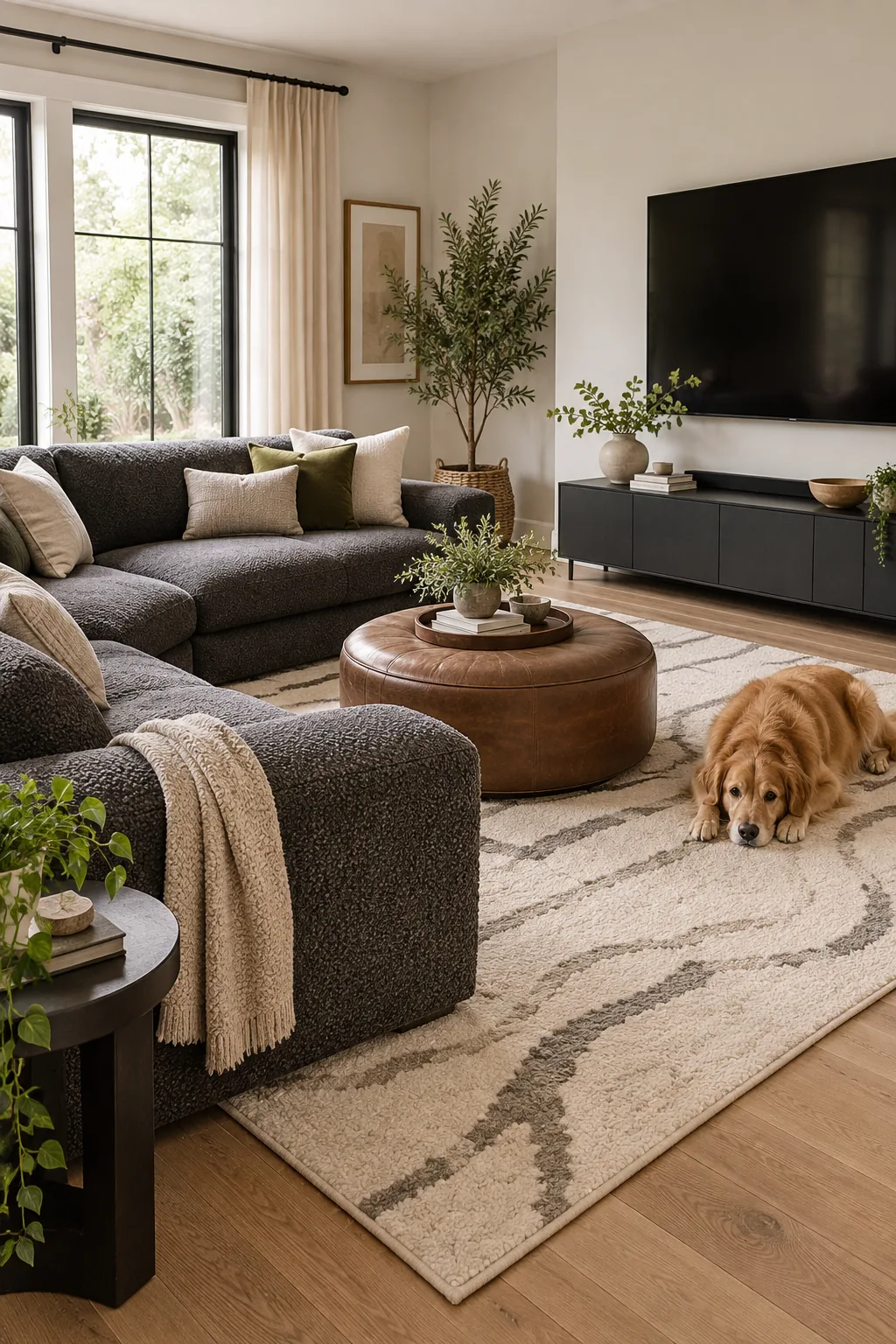 Charcoal gray sectional sofa on a cream abstract rug facing a matte black media unit.