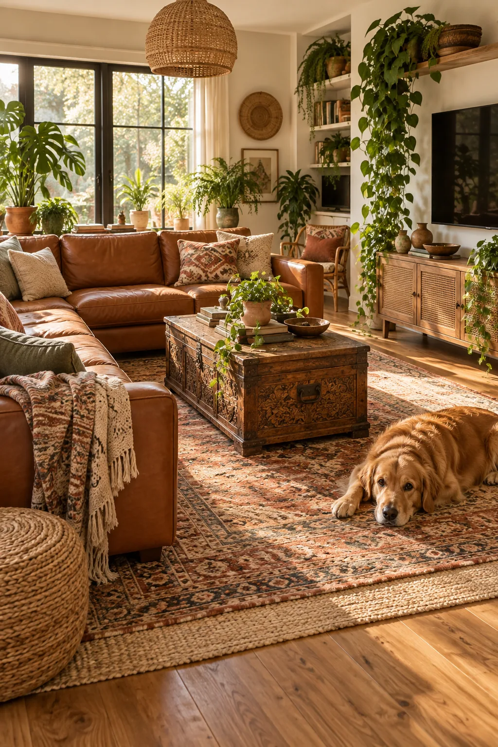 Terracotta leather sectional surrounded by layered vintage rugs and trailing house plants.