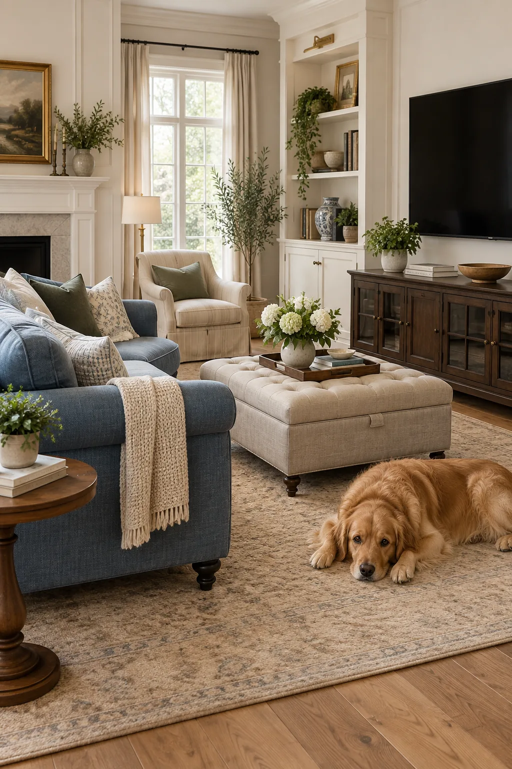 Slate blue rolled-arm sofa paired with a tufted storage ottoman and dark wood console.