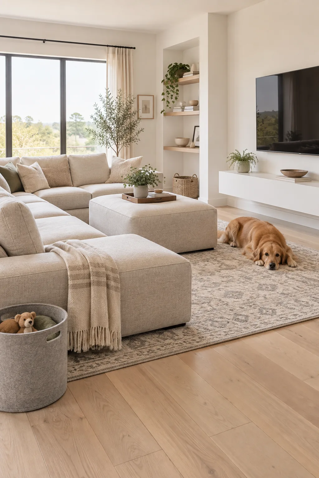 Oatmeal modular seating on light ash wood floors with a floating white media shelf.