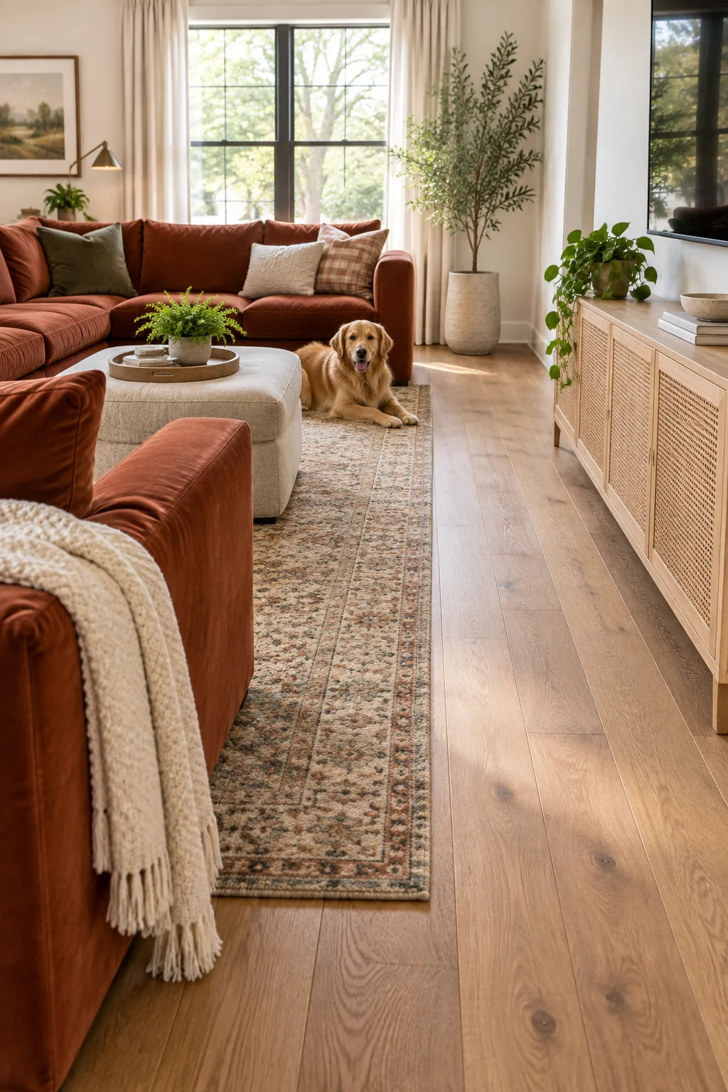 Clear wooden floor pathway between a rust velvet sofa and a light wood media console.