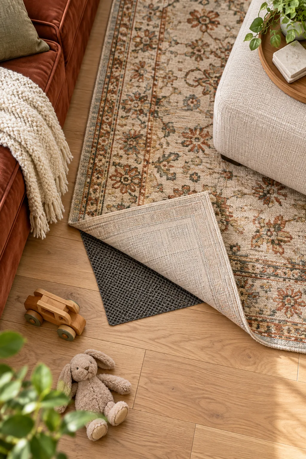 Corner of a distressed-pattern area rug resting on a light oak floor with a wooden toy nearby.