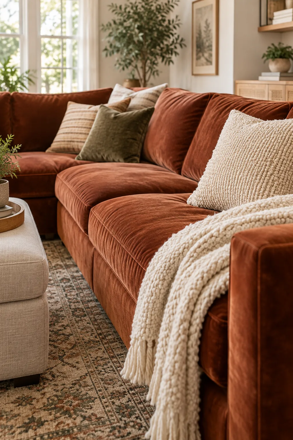 Close-up of deep rust velvet sofa cushions with a folded cream throw blanket.