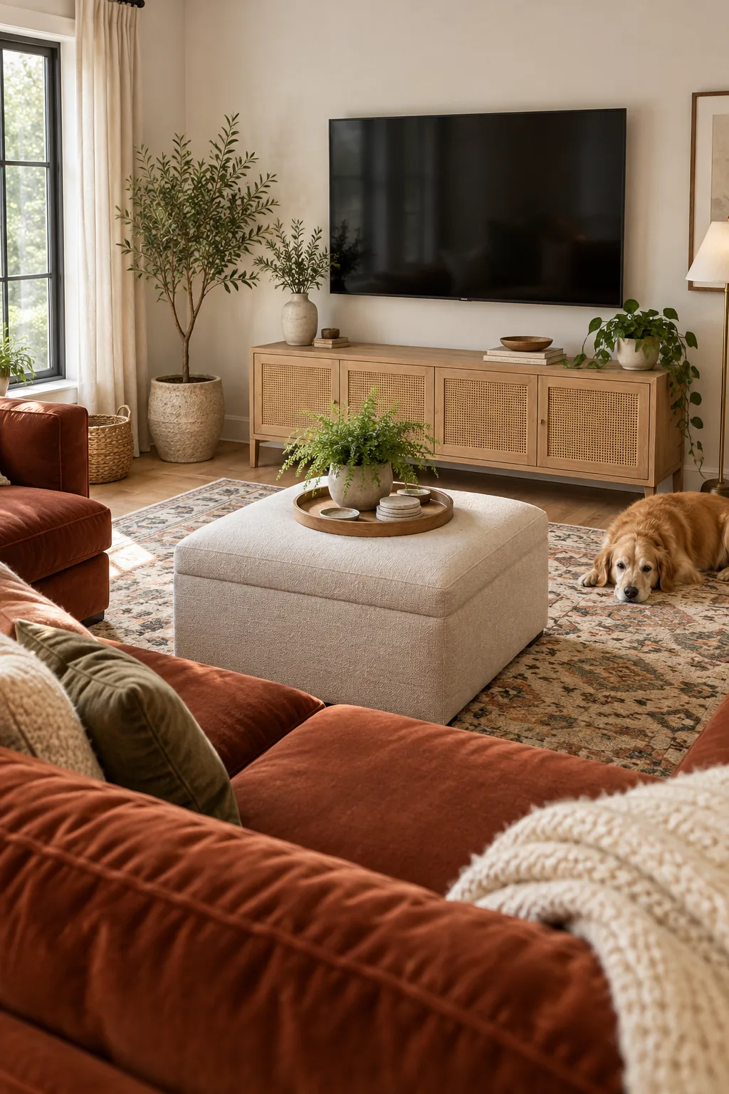 Upholstered square ottoman with a visible lid seam, topped with a wooden tray and potted fern.