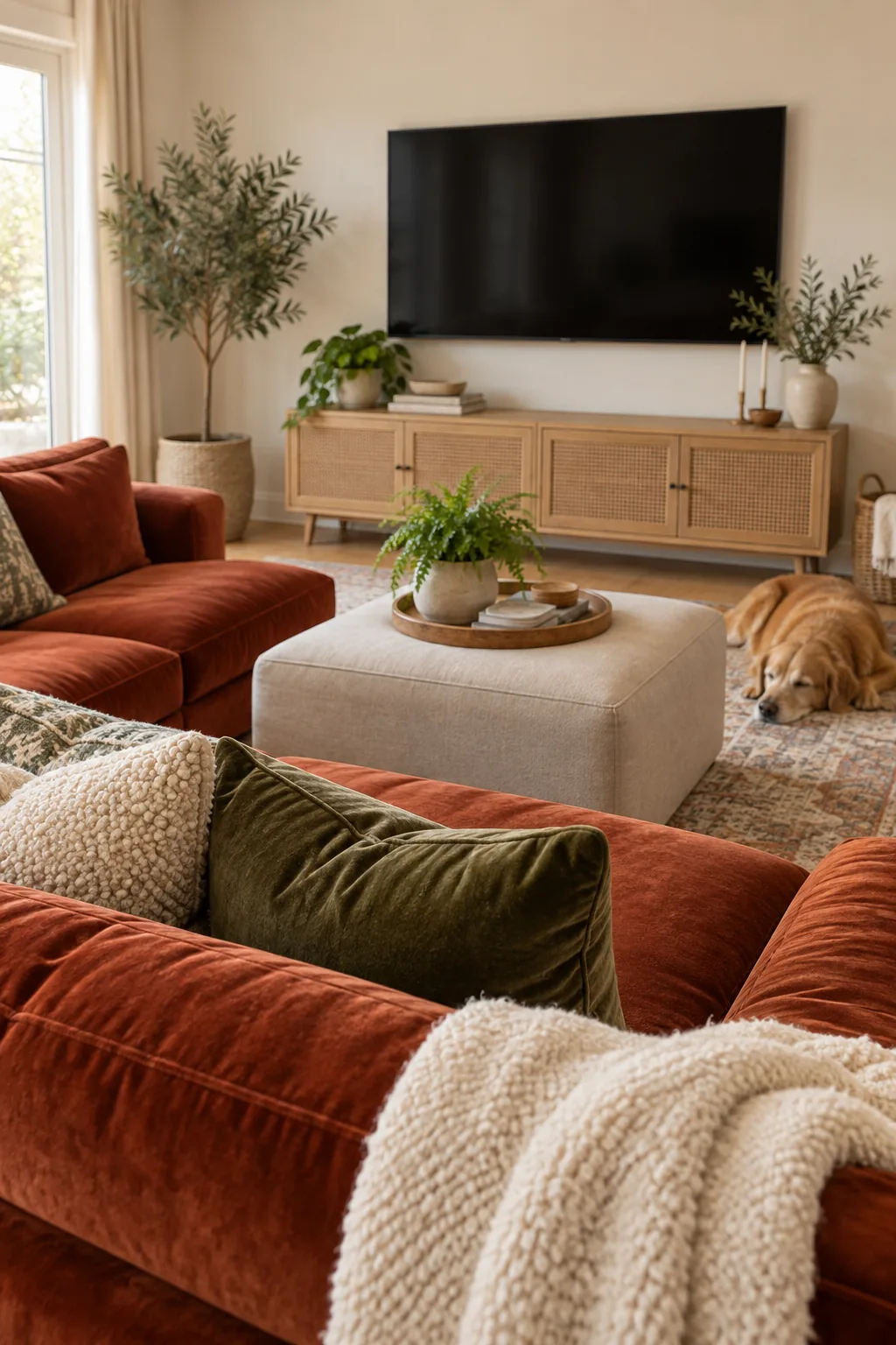 Flat screen TV mounted on a white wall directly above a cane-door media cabinet.