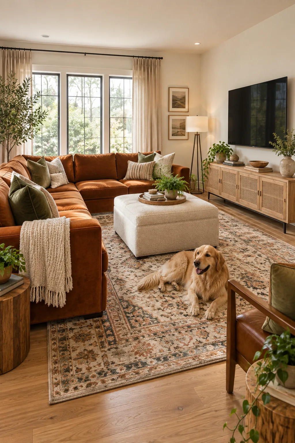 Olive green and cream boucl&eacute; pillows arranged on a rust-colored sofa.