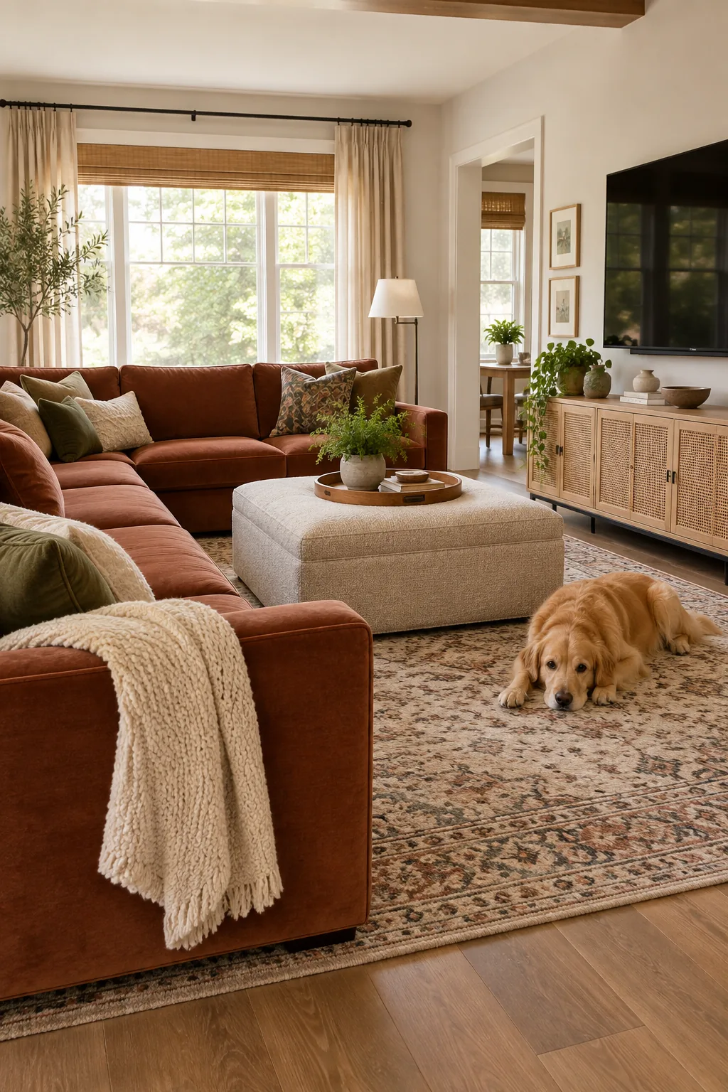 Bright living room featuring a rust sectional, central ottoman, and wall-mounted TV.