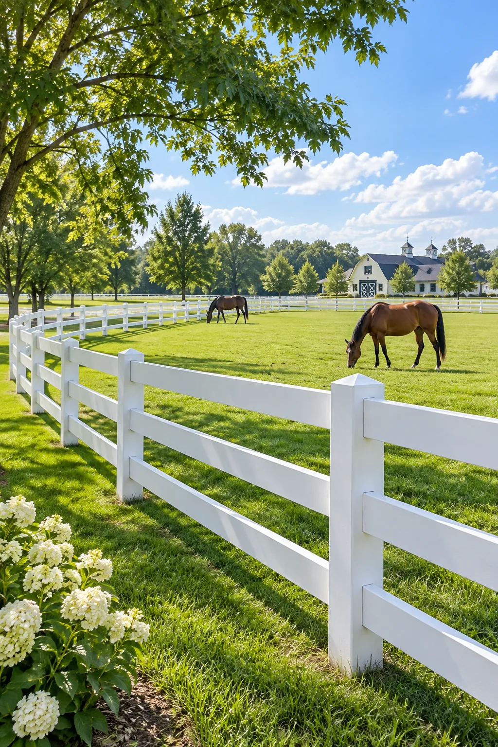 A crisp white painted 3-rail farm fence enclosing a green pasture.
