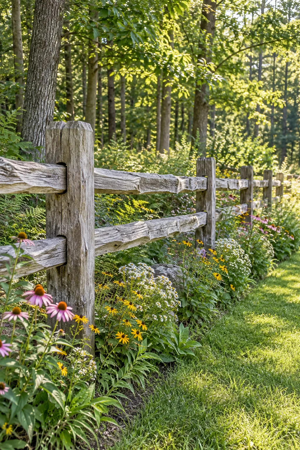 A weathered gray split rail fence surrounded by native woodland wildflowers.