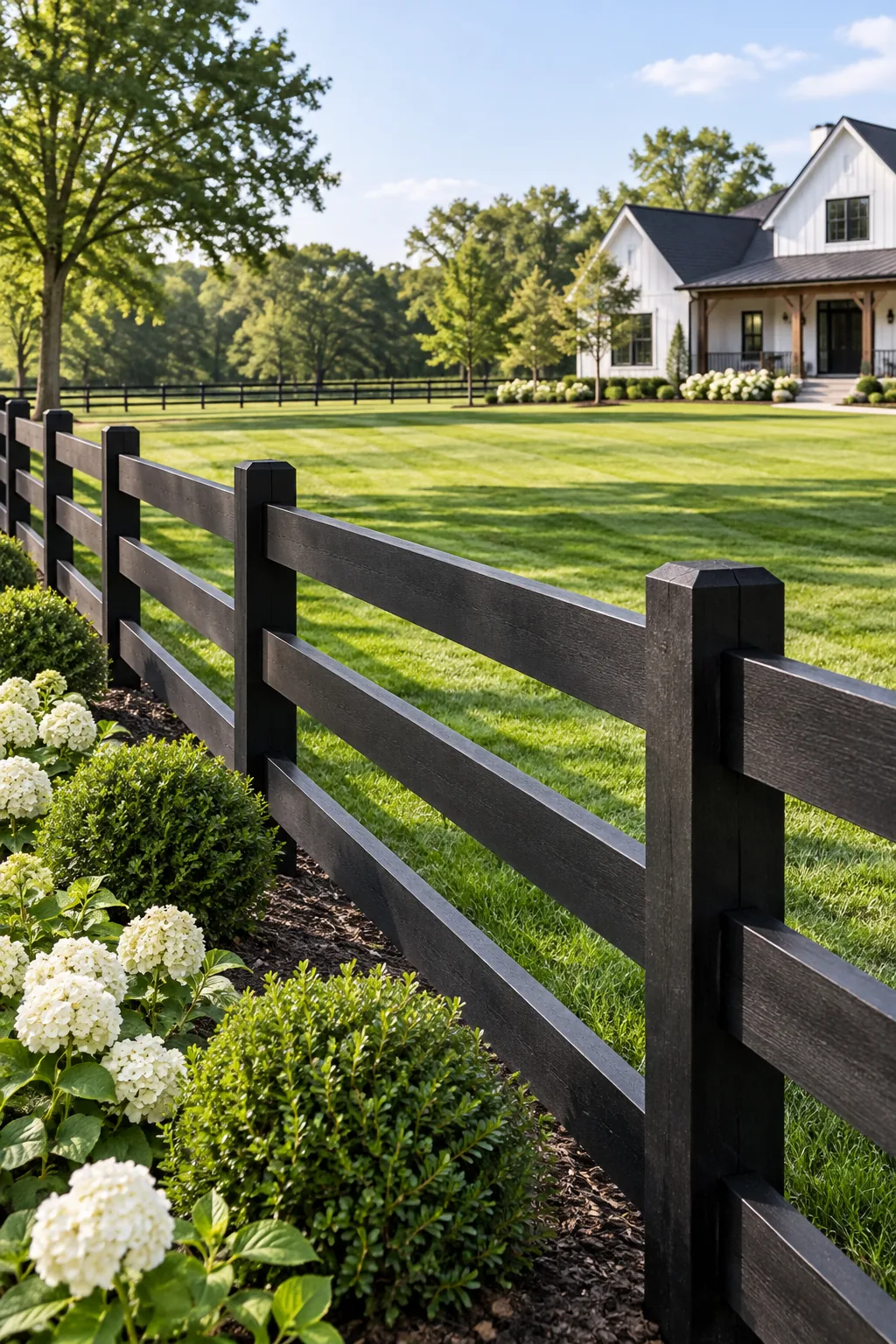 A modern farm fence stained matte black bordering a manicured green lawn.