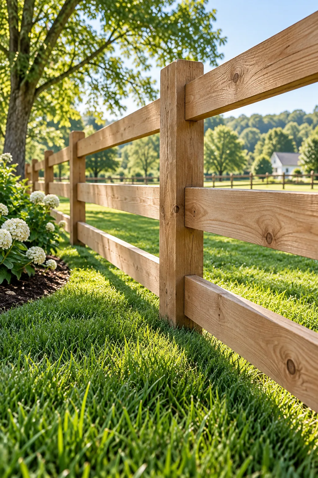 A clear 6-inch gap between the bottom rail of a wooden fence and the grass below.