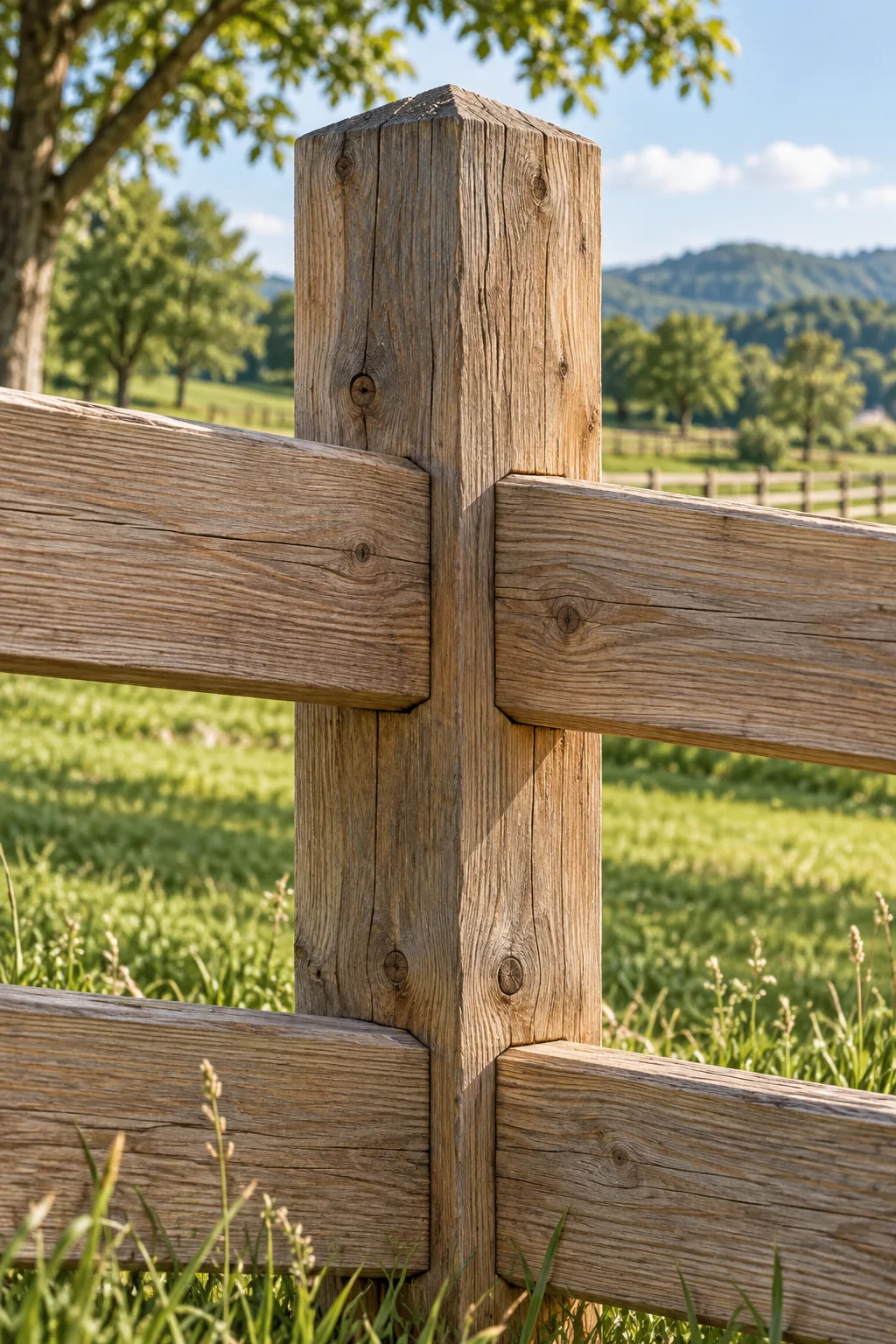 A long, perfectly straight wooden farm fence stretching across a green pasture.