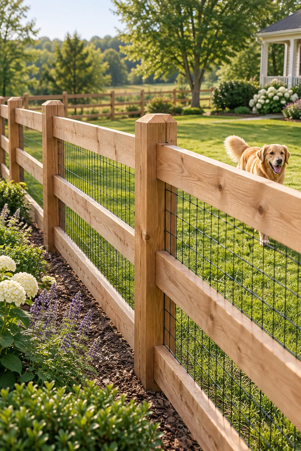 Two wooden fence rails meeting at a 45-degree angled scarf joint on a post.