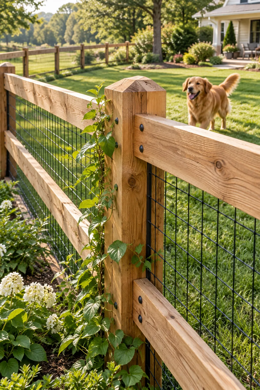 A wooden farm fence with invisible black wire mesh keeping a dog safely inside the yard.